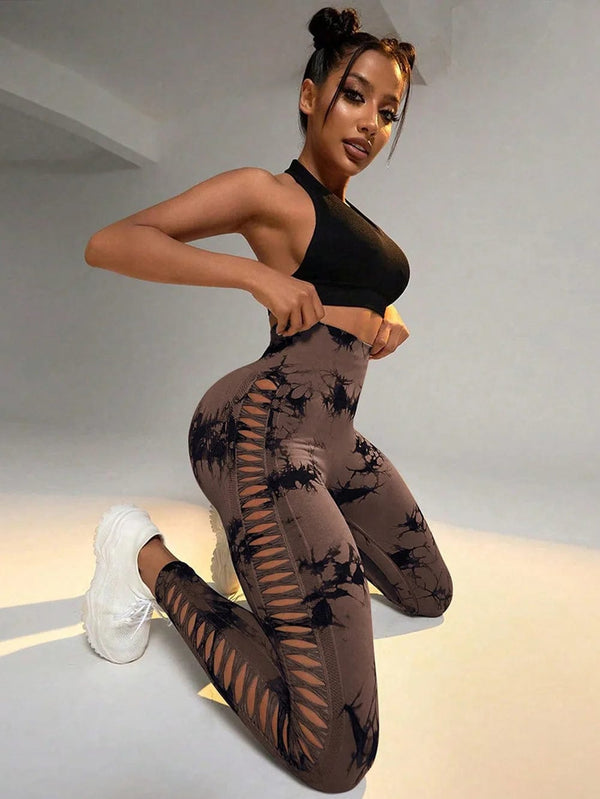 Planet Gates Women Tie Dye Hollow Out Leggings Sports Yoga Pants Fitness Sportswear Sexy High Waist Push Up Gym Tights Running Leggings