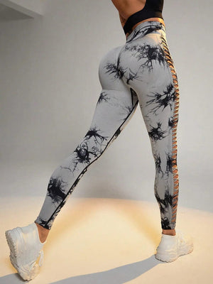 Planet Gates Women Tie Dye Hollow Out Leggings Sports Yoga Pants Fitness Sportswear Sexy High Waist Push Up Gym Tights Running Leggings