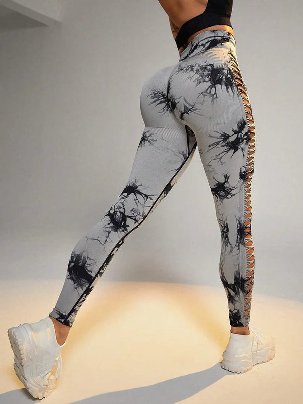 Planet Gates Women Tie Dye Hollow Out Leggings Sports Yoga Pants Fitness Sportswear Sexy High Waist Push Up Gym Tights Running Leggings
