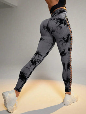 Planet Gates Women Tie Dye Hollow Out Leggings Sports Yoga Pants Fitness Sportswear Sexy High Waist Push Up Gym Tights Running Leggings