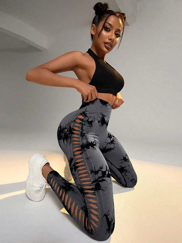Planet Gates Women Tie Dye Hollow Out Leggings Sports Yoga Pants Fitness Sportswear Sexy High Waist Push Up Gym Tights Running Leggings