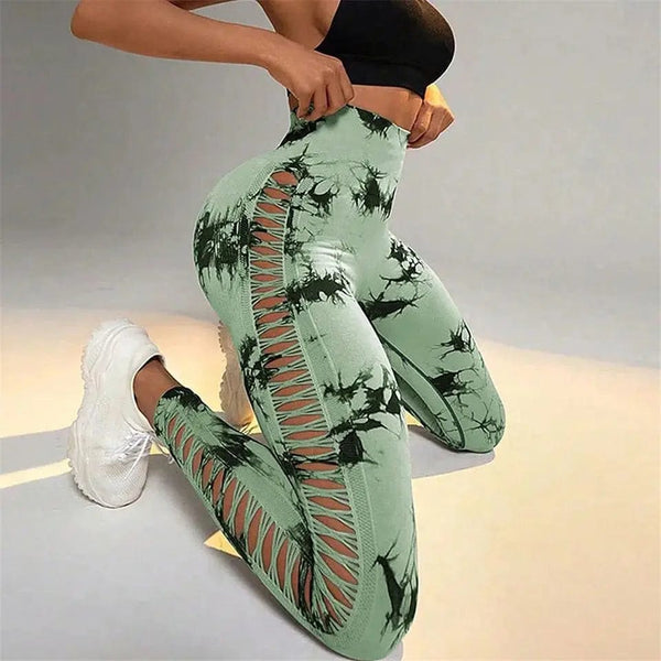 Planet Gates Women Tie Dye Hollow Out Leggings Sports Yoga Pants Fitness Sportswear Sexy High Waist Push Up Gym Tights Running Leggings