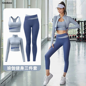 Planet Gates Women Yoga Patchwork 3 Piece Set Fitness Gym Coats+Bra+Leggings Workout Running Sportswear Clothing Tracksuit Ensemble Femme