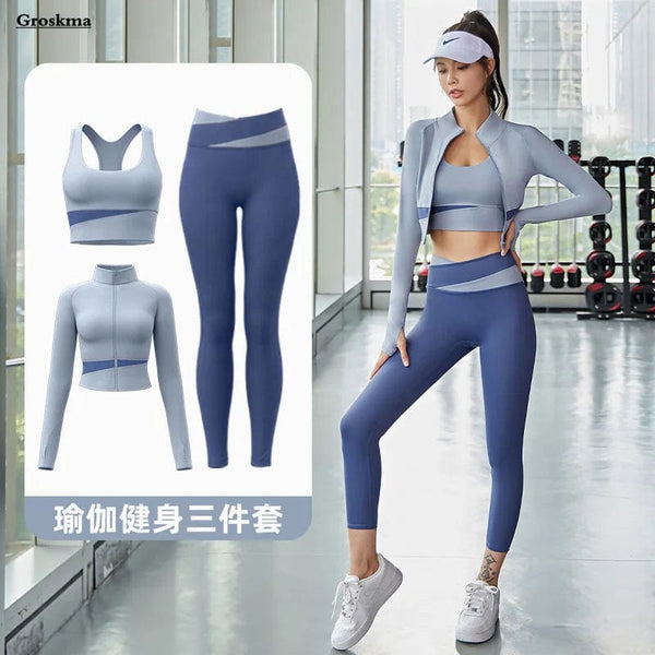 Planet Gates Women Yoga Patchwork 3 Piece Set Fitness Gym Coats+Bra+Leggings Workout Running Sportswear Clothing Tracksuit Ensemble Femme