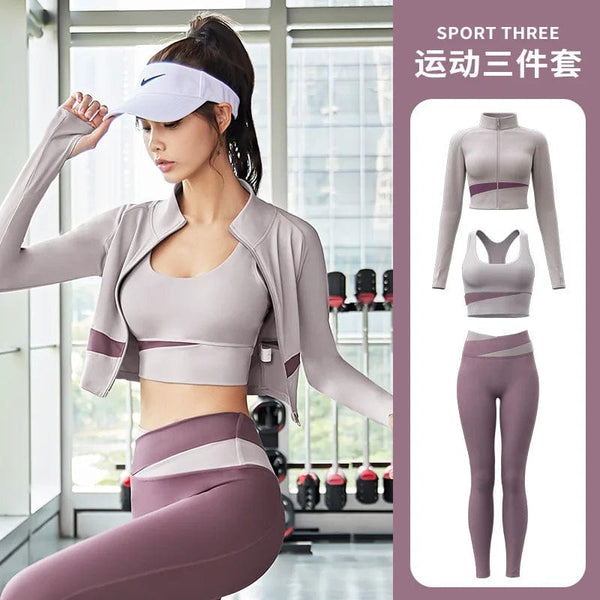 Planet Gates Women Yoga Patchwork 3 Piece Set Fitness Gym Coats+Bra+Leggings Workout Running Sportswear Clothing Tracksuit Ensemble Femme