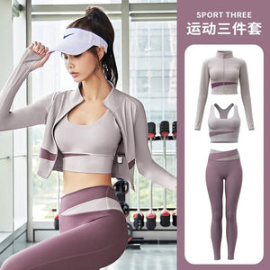 Planet Gates Women Yoga Patchwork 3 Piece Set Fitness Gym Coats+Bra+Leggings Workout Running Sportswear Clothing Tracksuit Ensemble Femme