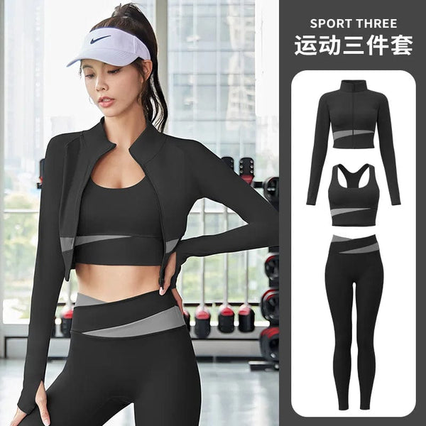 Planet Gates Women Yoga Patchwork 3 Piece Set Fitness Gym Coats+Bra+Leggings Workout Running Sportswear Clothing Tracksuit Ensemble Femme