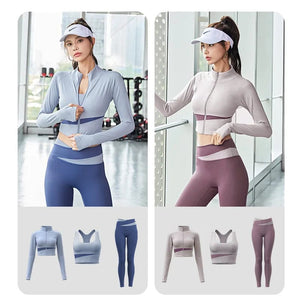 Planet Gates Women Yoga Patchwork 3 Piece Set Fitness Gym Coats+Bra+Leggings Workout Running Sportswear Clothing Tracksuit Ensemble Femme