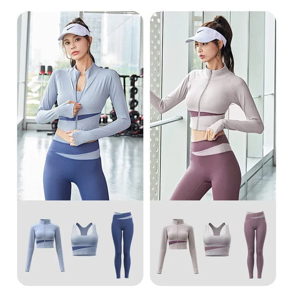 Planet Gates Women Yoga Patchwork 3 Piece Set Fitness Gym Coats+Bra+Leggings Workout Running Sportswear Clothing Tracksuit Ensemble Femme
