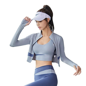 Planet Gates Women Yoga Patchwork 3 Piece Set Fitness Gym Coats+Bra+Leggings Workout Running Sportswear Clothing Tracksuit Ensemble Femme