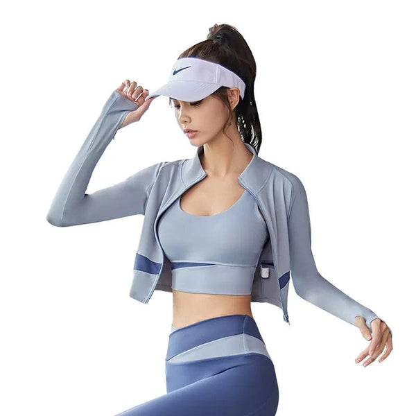 Planet Gates Women Yoga Patchwork 3 Piece Set Fitness Gym Coats+Bra+Leggings Workout Running Sportswear Clothing Tracksuit Ensemble Femme