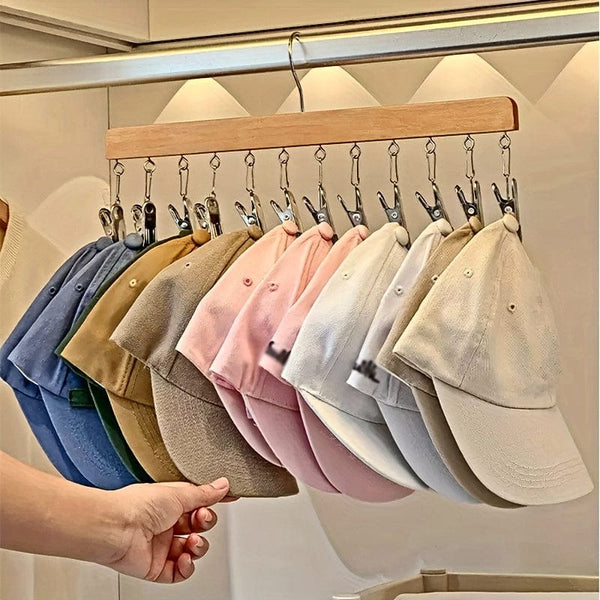 Planet Gates Wood Color 1pc 12 Clips Wooden Hat Hanger, Clothes Drying Rack For Underwear, Ties, Camisoles, Scarves, Belts, Household Storage Organizer For Bathroom, Bedroom, Closet, Wardrobe, Home, Dorm