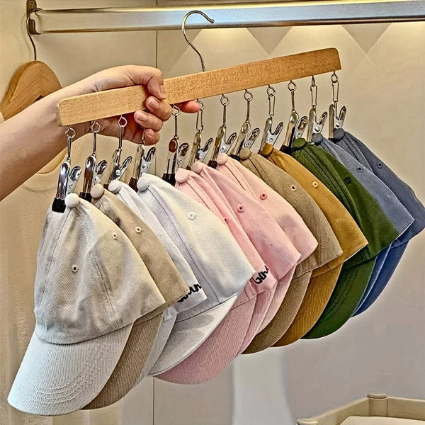 Planet Gates Wood Color 1pc 12 Clips Wooden Hat Hanger, Clothes Drying Rack For Underwear, Ties, Camisoles, Scarves, Belts, Household Storage Organizer For Bathroom, Bedroom, Closet, Wardrobe, Home, Dorm