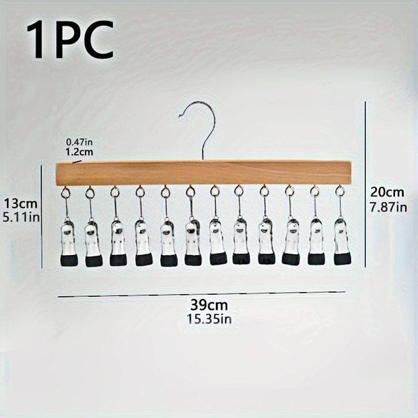 Planet Gates Wood Color 1pc 12 Clips Wooden Hat Hanger, Clothes Drying Rack For Underwear, Ties, Camisoles, Scarves, Belts, Household Storage Organizer For Bathroom, Bedroom, Closet, Wardrobe, Home, Dorm