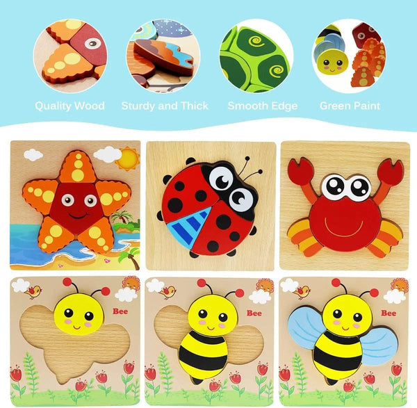 Planet Gates Wooden 3D Toys Puzzle Cartoon Animals Early Learning Cognition Intelligence Puzzle Game Colorful Montessori Baby Toddler Gifts