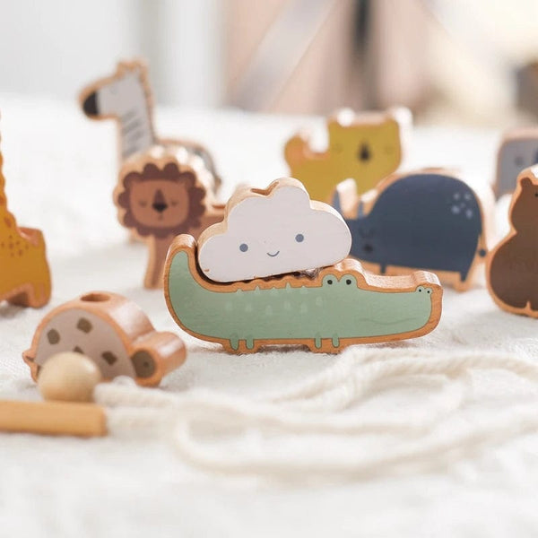 Planet Gates Wooden Baby Animal Threading Toys Blocks Board Games Stacking Toys Montessori Hands-on Ability Educational Children Blocks Gifts