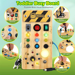 Planet Gates Wooden Busy Board Montessori Busy Board Sensory Toys Wooden With LED Light Switch Control Board Travel Activities Children Games For 2-4 Years Old