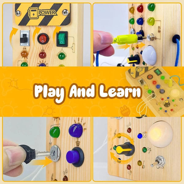 Planet Gates Wooden Busy Board Montessori Busy Board Sensory Toys Wooden With LED Light Switch Control Board Travel Activities Children Games For 2-4 Years Old