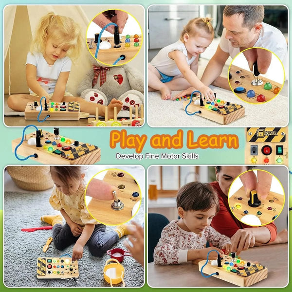 Planet Gates Wooden Busy Board Montessori Busy Board Sensory Toys Wooden With LED Light Switch Control Board Travel Activities Children Games For 2-4 Years Old