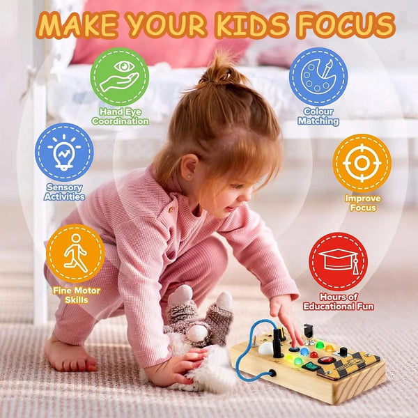 Planet Gates Wooden Busy Board Montessori Busy Board Sensory Toys Wooden With LED Light Switch Control Board Travel Activities Children Games For 2-4 Years Old