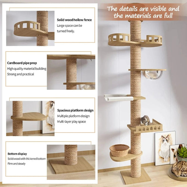 Planet Gates Wooden Cat Tree House Multifunction Pet Furniture Kitten Climbing Toy Cat Scratching Posts Cat Tower Soft Flannel Hammock Bed