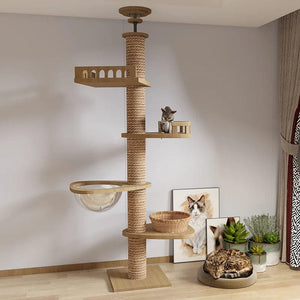 Planet Gates Wooden Cat Tree House Multifunction Pet Furniture Kitten Climbing Toy Cat Scratching Posts Cat Tower Soft Flannel Hammock Bed