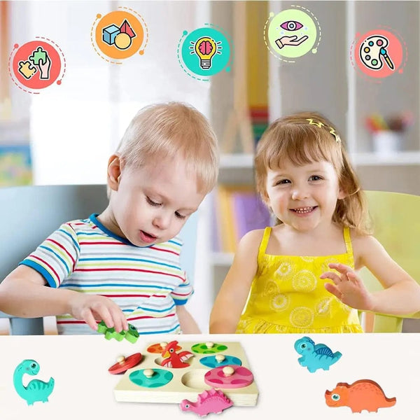 Planet Gates Wooden Dinosaur Toy Wooden Dinosaur Jigsaw Puzzle Toys Montessori Peg Puzzle Game Kids Toddler 3D Wood Early Learning Educational Toys For Gifts