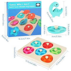 Planet Gates Wooden Dinosaur Toy Wooden Dinosaur Jigsaw Puzzle Toys Montessori Peg Puzzle Game Kids Toddler 3D Wood Early Learning Educational Toys For Gifts