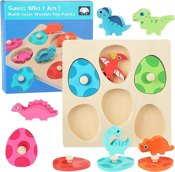 Planet Gates Wooden Dinosaur Toy Wooden Dinosaur Jigsaw Puzzle Toys Montessori Peg Puzzle Game Kids Toddler 3D Wood Early Learning Educational Toys For Gifts