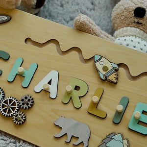 Planet Gates Wooden Name Puzzle Personalized Custom for Baby Game Board 3-D Jigsaw Puzzle Educational Shape Matching Developmental Toy