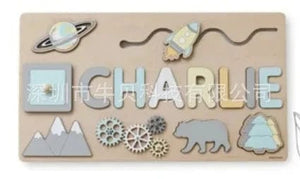 Planet Gates Wooden Name Puzzle Personalized Custom for Baby Game Board 3-D Jigsaw Puzzle Educational Shape Matching Developmental Toy