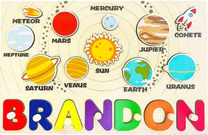Planet Gates Wooden Name Puzzle Personalized Custom for Baby Game Board 3-D Jigsaw Puzzle Educational Shape Matching Developmental Toy