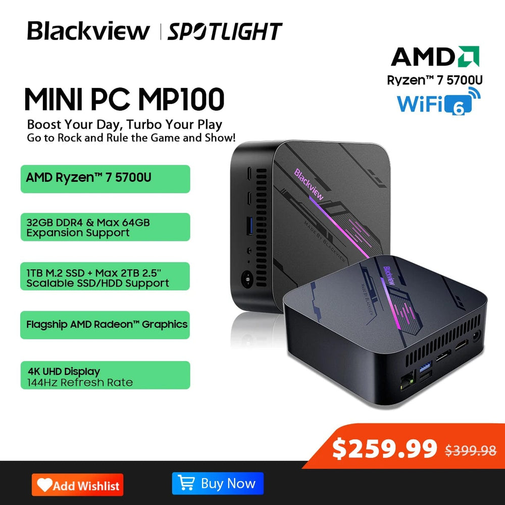 Planet Gates [World Premiere] Blackview Mini PC MP100 AMD R7 5700U Mini PC 8-Core 16-thread 16GB /32GB DDR4 512GB/1TB SSD Mini Computer PC