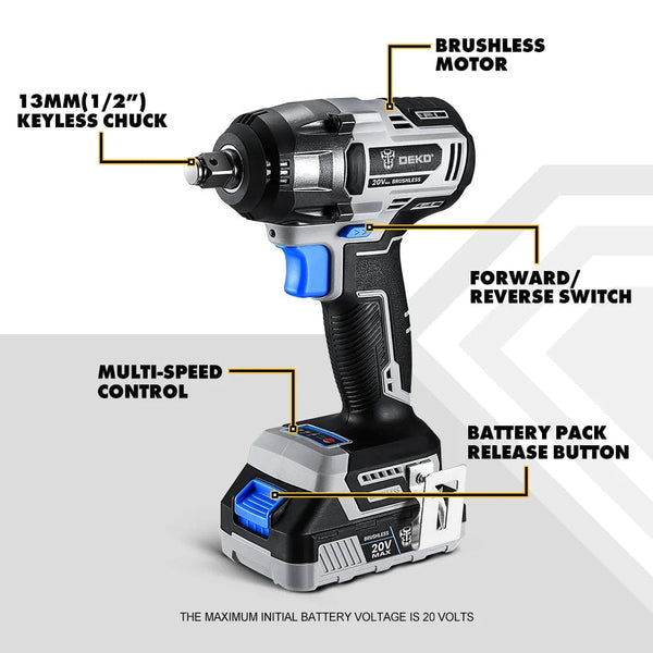 Planet Gates 【World Premiere】DEKO 20V MAX Cordless Brushless Wrench 350N.m High Torque Electric Impact Wrench Power Tools (DKBW20XL01)
