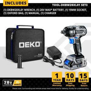 Planet Gates 【World Premiere】DEKO 20V MAX Cordless Brushless Wrench 350N.m High Torque Electric Impact Wrench Power Tools (DKBW20XL01)