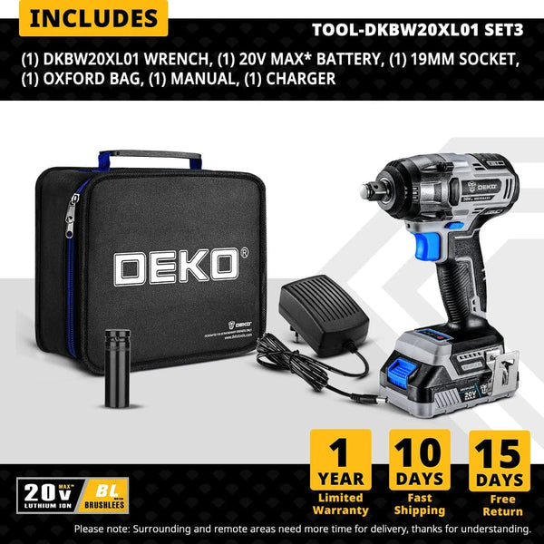 Planet Gates 【World Premiere】DEKO 20V MAX Cordless Brushless Wrench 350N.m High Torque Electric Impact Wrench Power Tools (DKBW20XL01)