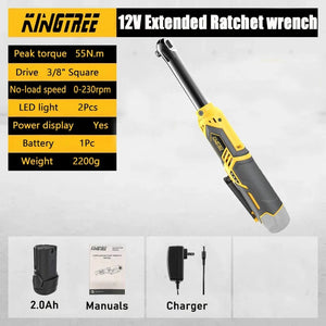 Planet Gates Wrench Set Kingtree Cordless Electric Charging Wrench 12V Extended 6" Head Ratchet Wrench Lithium Battery Hand Tool High Torque Power Tools