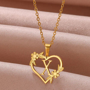 Planet Gates X / 45cm / CHINA Gold Color Dainty Flower Initials Necklace Women Girl Stainless Steel Heart Letter Choker Necklace Best Gifts Alphabet Jewelry