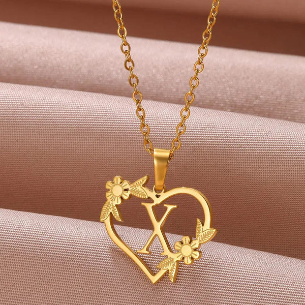 Planet Gates X / 45cm / CHINA Gold Color Dainty Flower Initials Necklace Women Girl Stainless Steel Heart Letter Choker Necklace Best Gifts Alphabet Jewelry