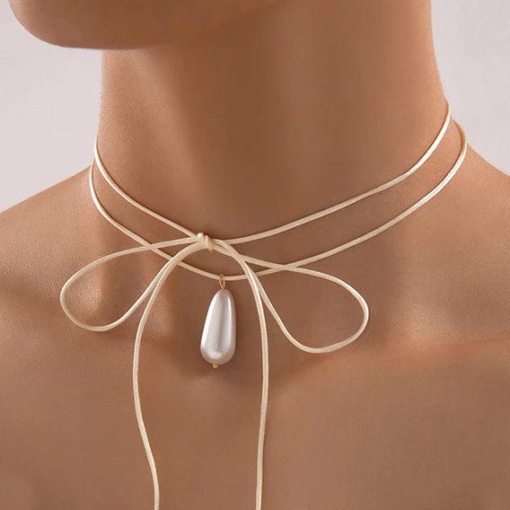 Planet Gates X0173-0 Trend Wedding Party Jewelry Long Black Ribbon Choker Necklace For Women Elegant White Imitation Pearl Beach Vacation Necklaces