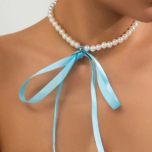 Planet Gates X0173-blue Trend Wedding Party Jewelry Long Black Ribbon Choker Necklace For Women Elegant White Imitation Pearl Beach Vacation Necklaces
