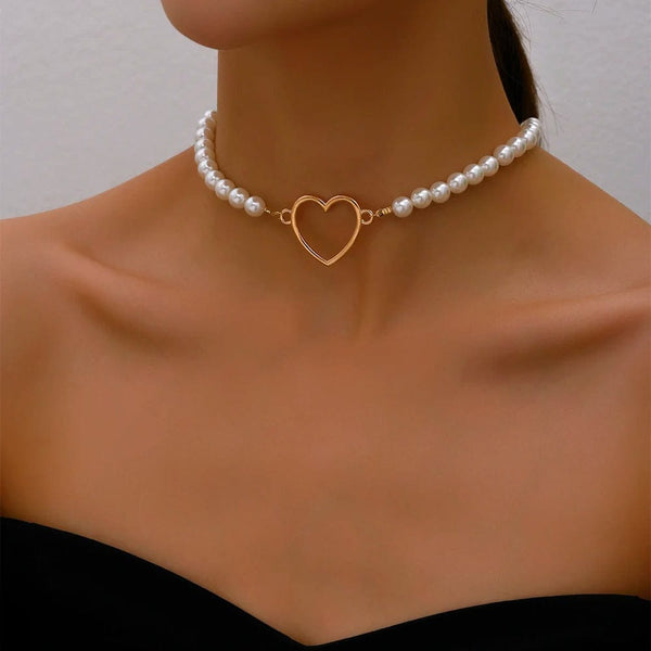 Planet Gates X0173-heart Trend Wedding Party Jewelry Long Black Ribbon Choker Necklace For Women Elegant White Imitation Pearl Beach Vacation Necklaces