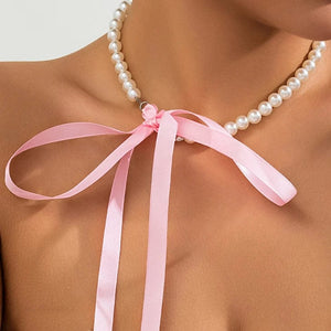 Planet Gates X0173-pink Trend Wedding Party Jewelry Long Black Ribbon Choker Necklace For Women Elegant White Imitation Pearl Beach Vacation Necklaces