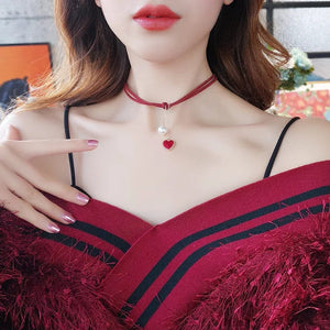 Planet Gates X0173-red heart Trend Wedding Party Jewelry Long Black Ribbon Choker Necklace For Women Elegant White Imitation Pearl Beach Vacation Necklaces