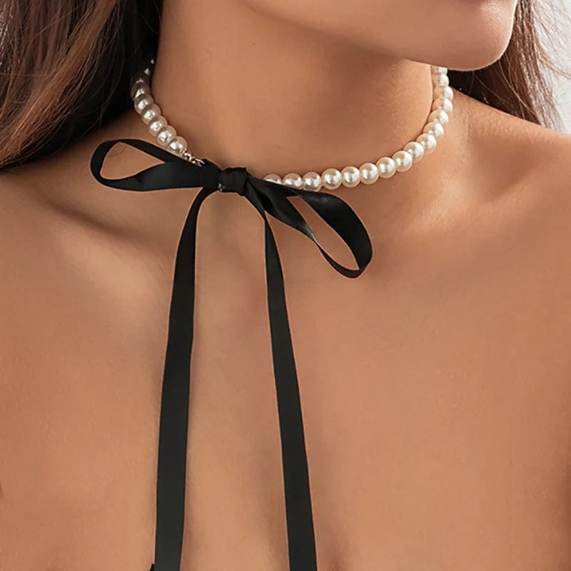 Planet Gates X0173 Trend Wedding Party Jewelry Long Black Ribbon Choker Necklace For Women Elegant White Imitation Pearl Beach Vacation Necklaces