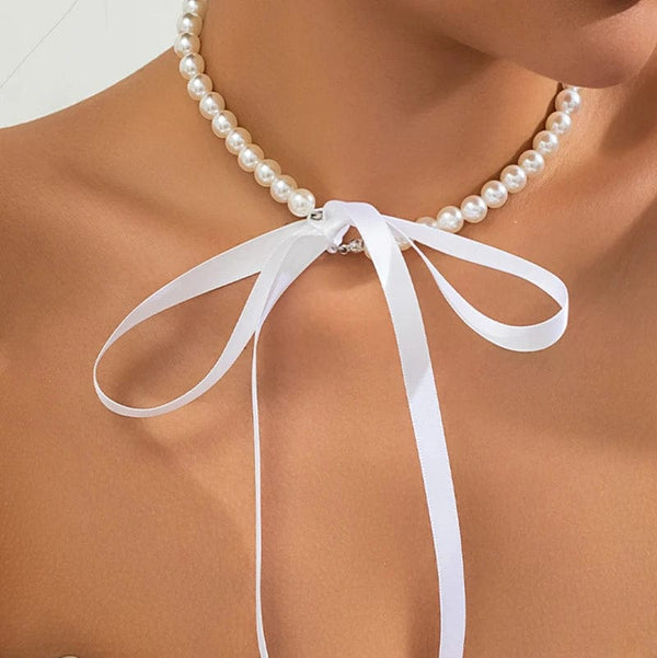 Planet Gates X0173-white Trend Wedding Party Jewelry Long Black Ribbon Choker Necklace For Women Elegant White Imitation Pearl Beach Vacation Necklaces