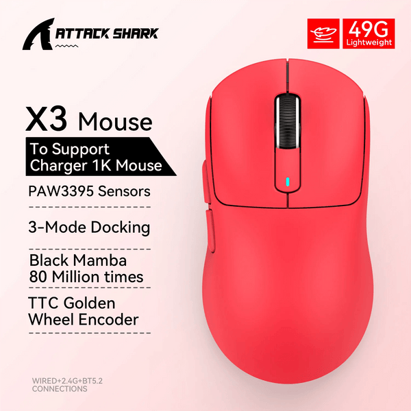 Planet Gates X3 Red Attack Shark X3 Bluetooth Mouse,PixArt PAW3395,Tri-Mode Connection,Wired 8KHz/Wiredless 4KHz,,Macro Gaming Mouse