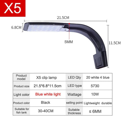Planet Gates X5 B-BlueWhite light Super Slim LED Aquarium Light Lighting plants Grow Light 5W/10W/15W Aquatic Plant Lighting Waterproof Clip-on Lamp For Fish Tank