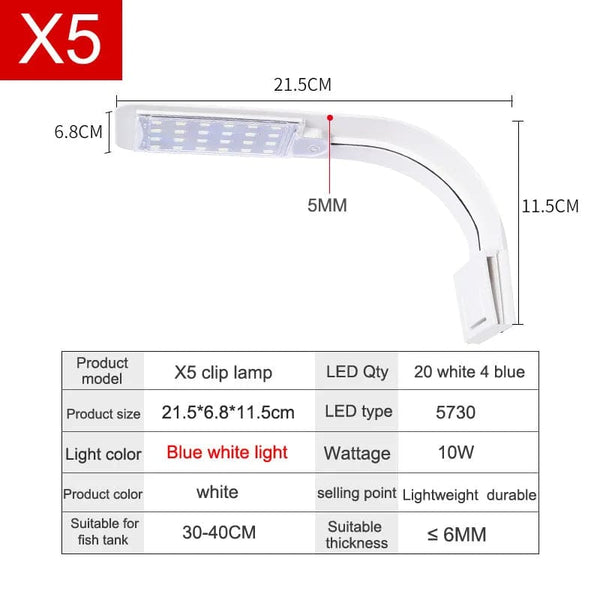 Planet Gates X5 W-BlueWhite light Super Slim LED Aquarium Light Lighting plants Grow Light 5W/10W/15W Aquatic Plant Lighting Waterproof Clip-on Lamp For Fish Tank