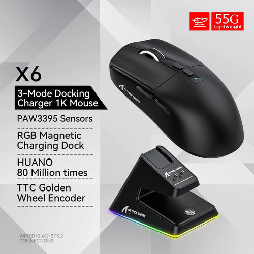 Planet Gates X6 Black X6 PAW3395 Bluetooth Mouse,2.4 Tri-Mode Connection, RGB Touch Magnetic Charging Base, Macro Gaming Mouse